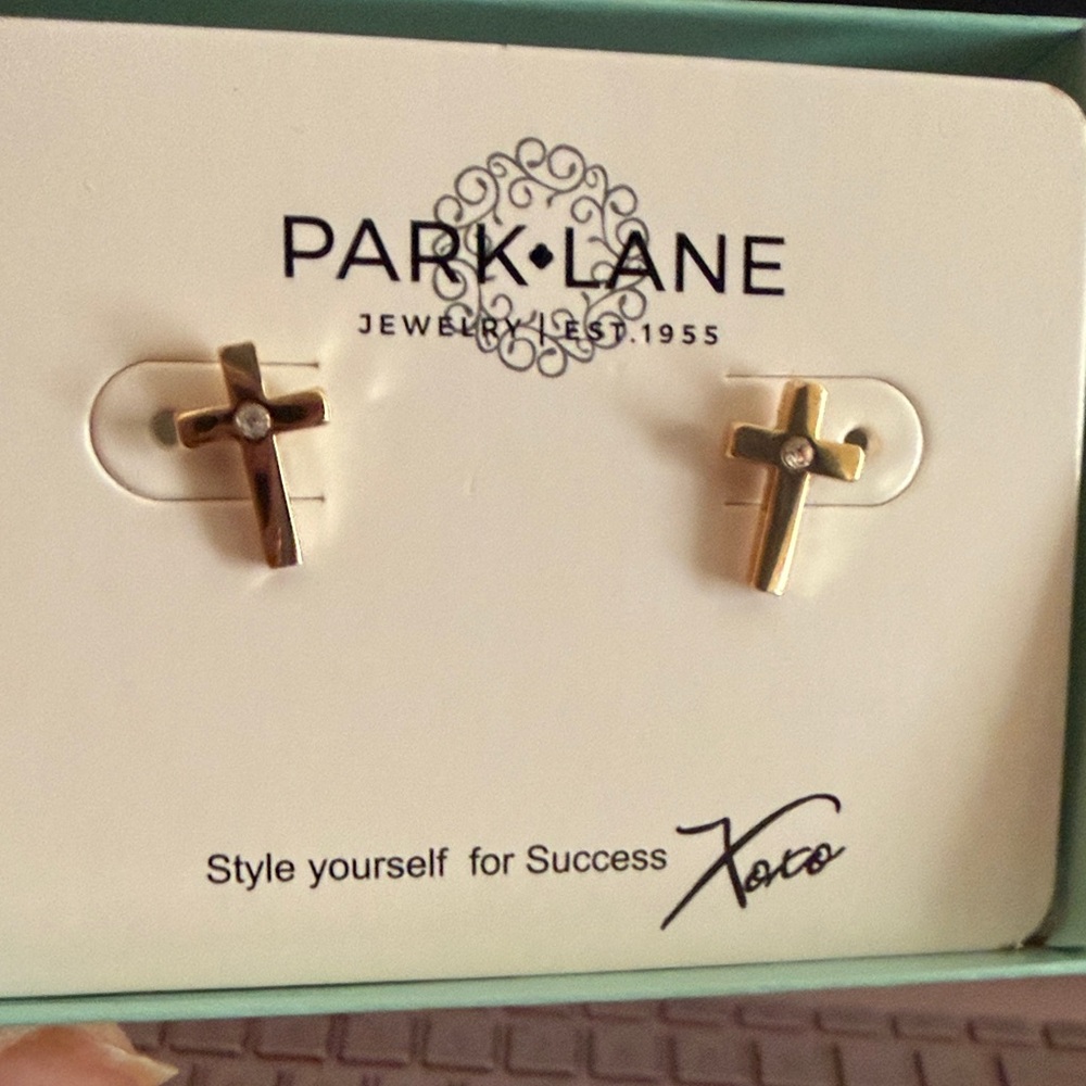 Park Lane Gold-Tone Cross Stud Earrings with Clear Accent